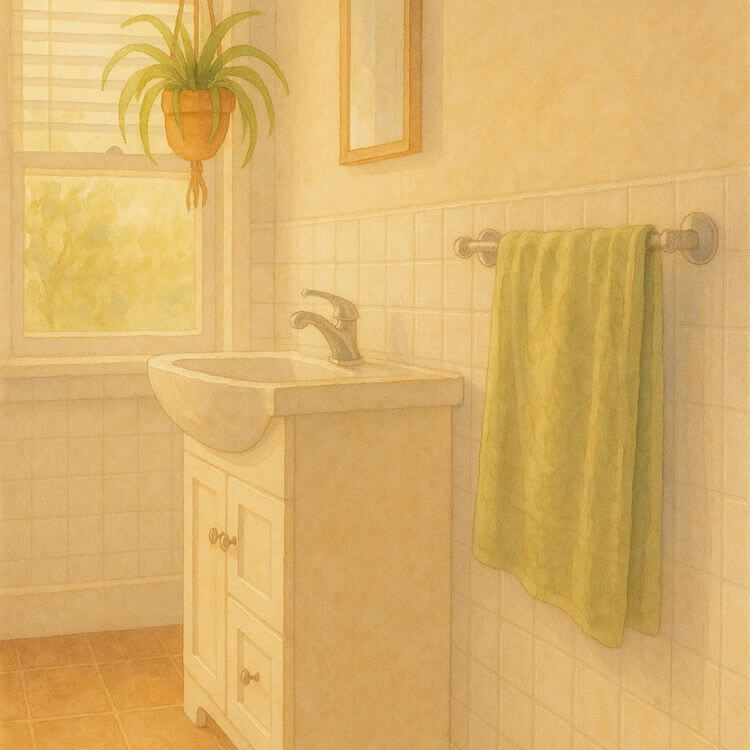 A warm water colour image by ChatGPT AI of a clean bathroom with a bright window and lush hanging plant.