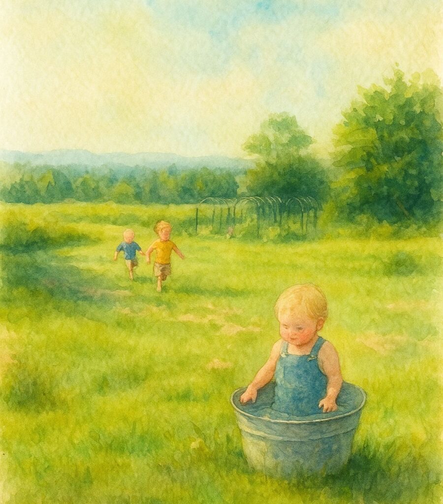 Two young boys running in a field towards a baby standing in a bucket of water.