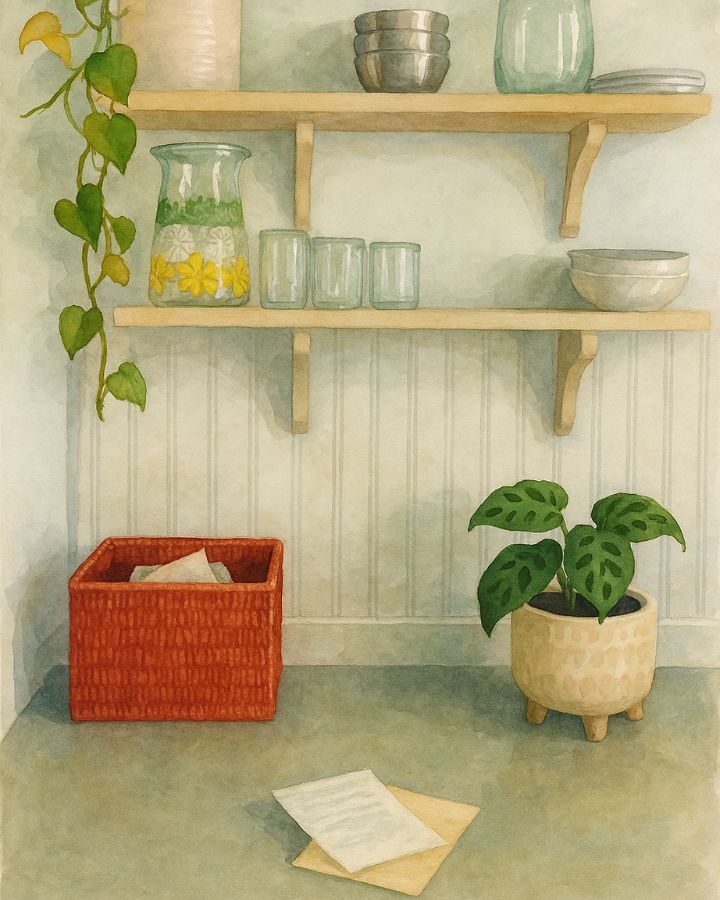 A tidy counter with a bright red basket for random papers. A plant on the counter and glasses and bowls on the open white shelves.